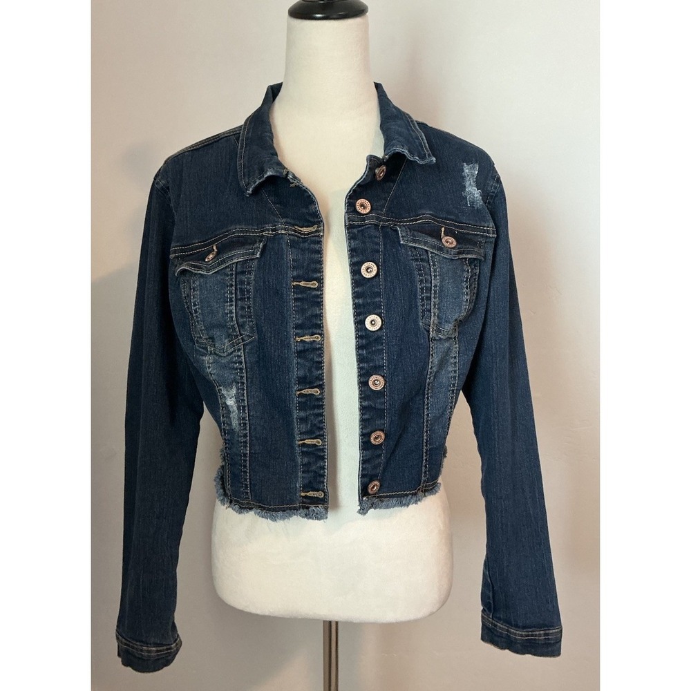 New Look Women's Raw Hem Cropped Denim Jean Jacket Distressed L